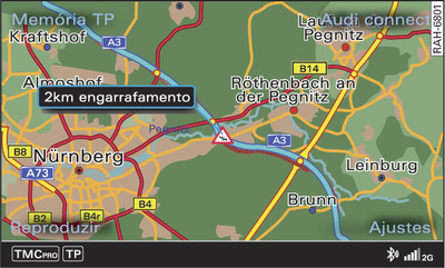 Indicação de uma informação de trânsito TMC/TMCpro no mapa